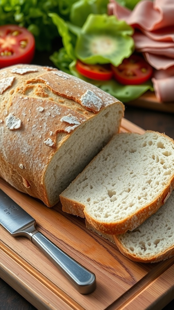 Freshly baked sourdough sandwich bread on a cutting board with sliced pieces and fresh sandwich ingredients in the background.